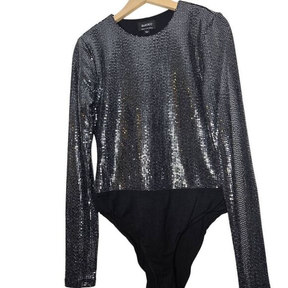 Bardot Long Sleeve Silver Black Bodysuit Sparkle Size Small - Picture 2 of 7